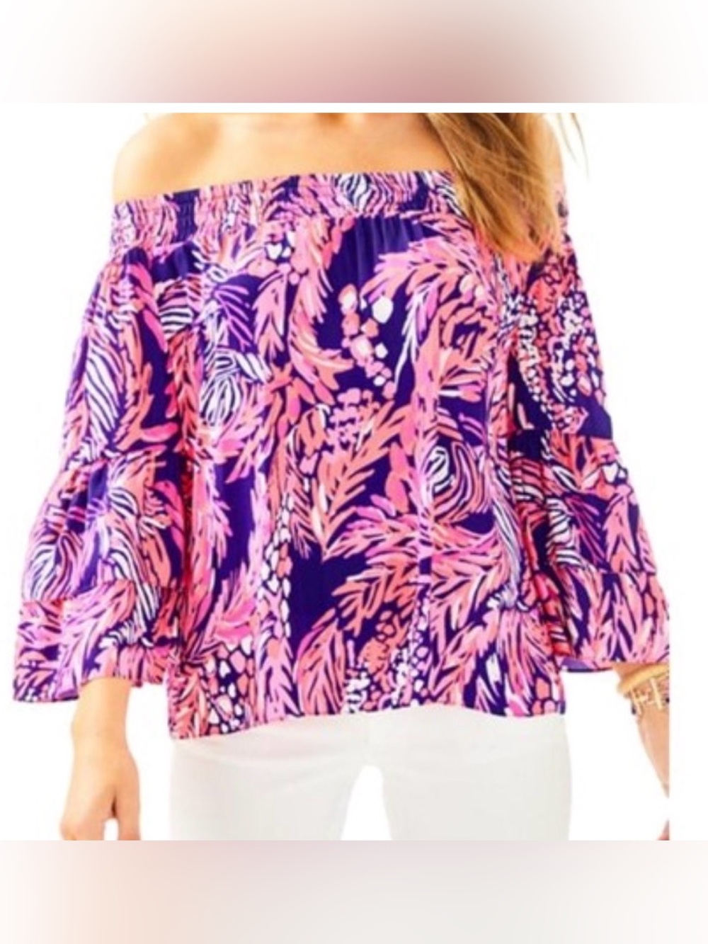 Lilly Pulitzer off the shoulder Navy and Hot Pink Floral top- worn once